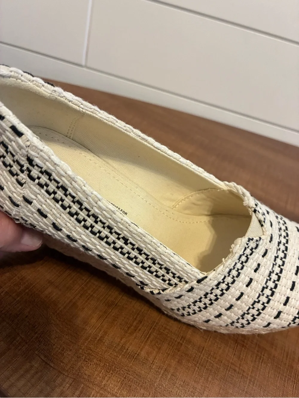 Toms Black & White Striped Espadrille Wedge Peep-Toe 7.5